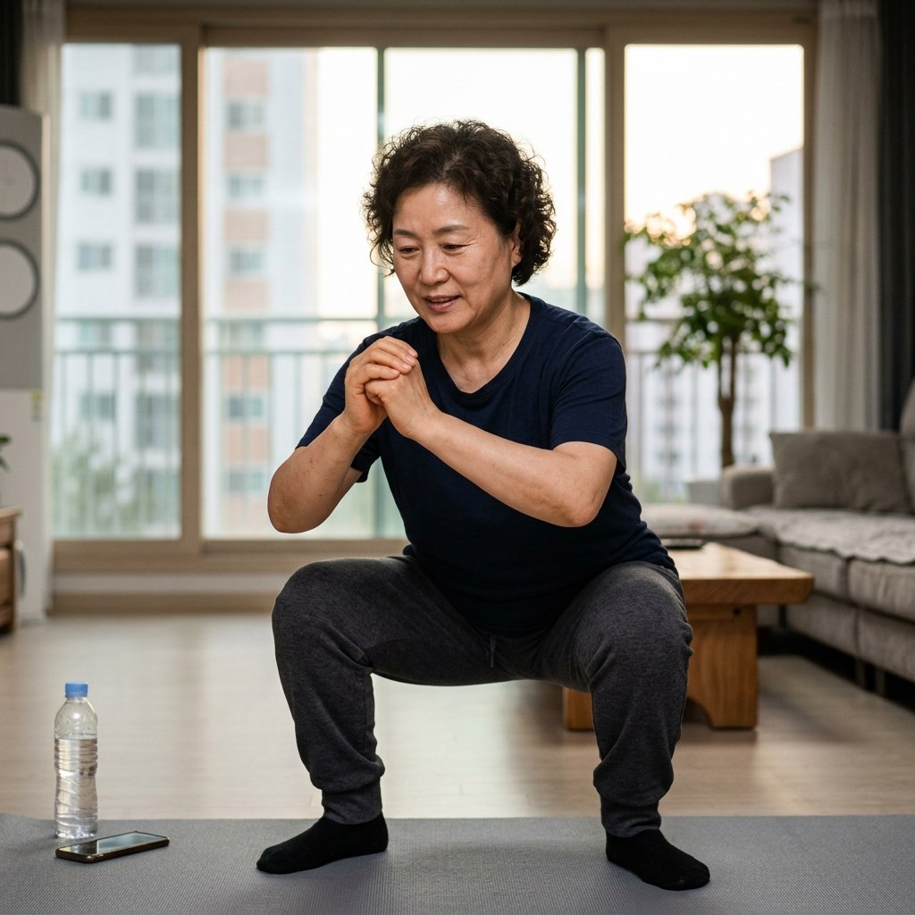 집 거실에서 맨몸 운동 중인 중년 여성, 요가 매트 위에서 스쿼트 동작을 하는 모습, 창밖으로 저녁 시간대 부드러운 빛이 들어오고 옆에 물병이 놓여 있는 실내 풍경