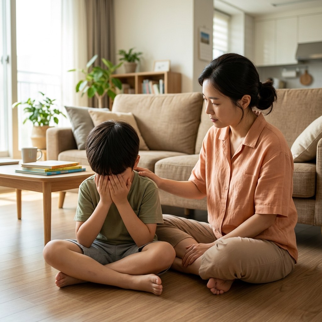 거실 바닥에 앉아 얼굴을 손으로 가린 아이와, 옆에서 아이 어깨에 손을 얹고 조용히 기다리는 부모의 모습