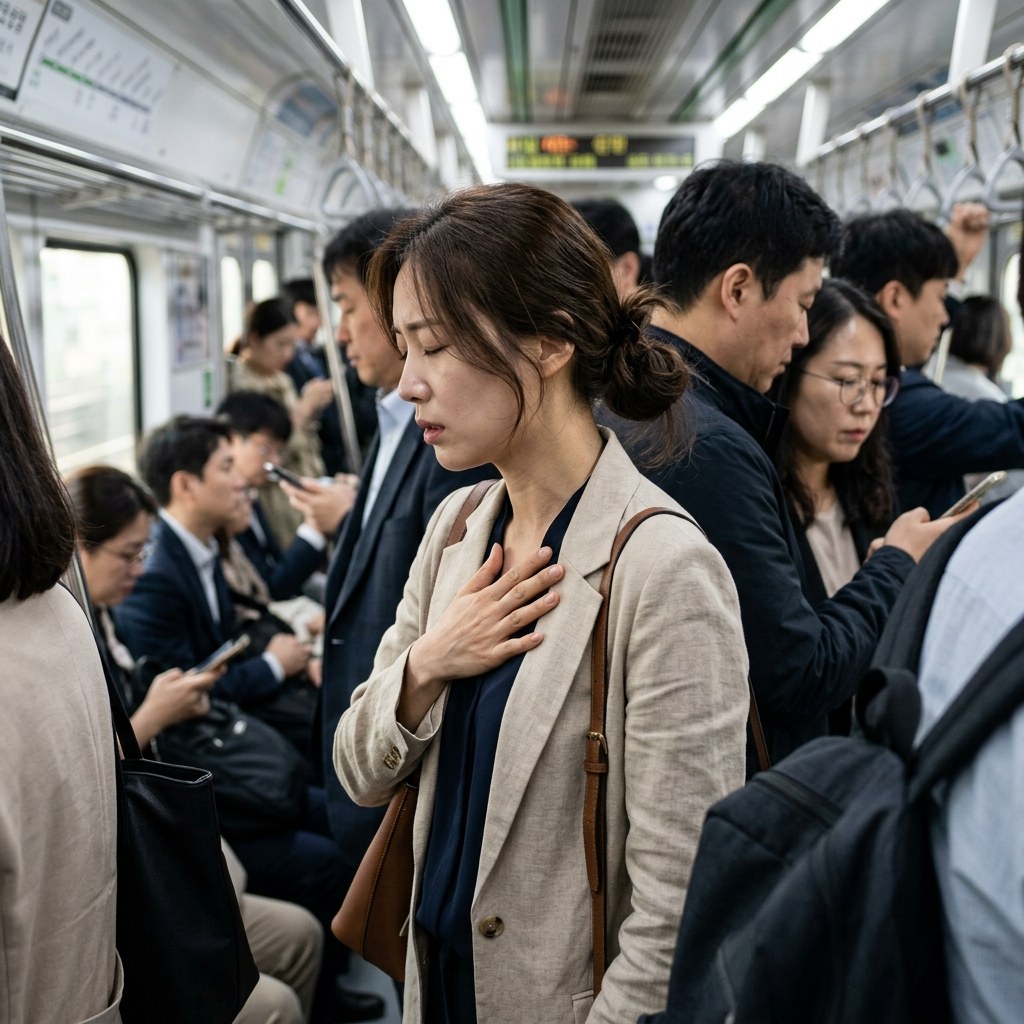 출근 시간 만원 지하철 안에서 손으로 가슴을 짚고 호흡을 가다듬고 있는 한국인 직장인 여성의 옆모습, 자연광, 현실적인 장면