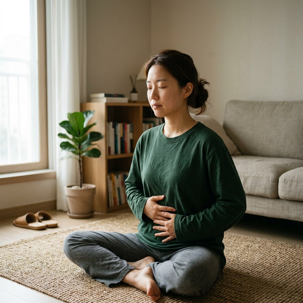 조용한 실내에서 바닥에 앉아 복식 호흡을 연습하는 한국인 젊은 여성의 전신, 자연광, 평온한 분위기