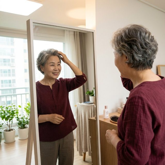 염색 대신 숏컷과 화사한 스카프…흰머리 살려 우아함 더하는 자연 스타일링