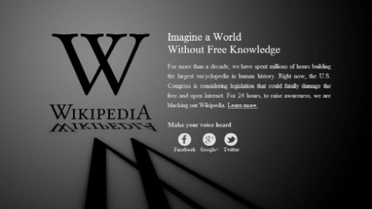 18일(미 동부시간 기준) 자정부터 임시 폐쇄된 위키피디아(영문판)사이트.