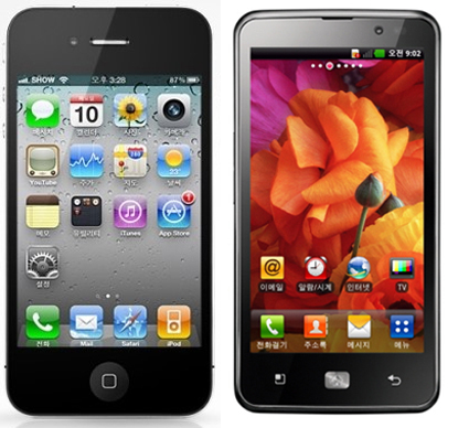 ▲ 아이폰(왼쪽), 옵티머스LTE(오른쪽)