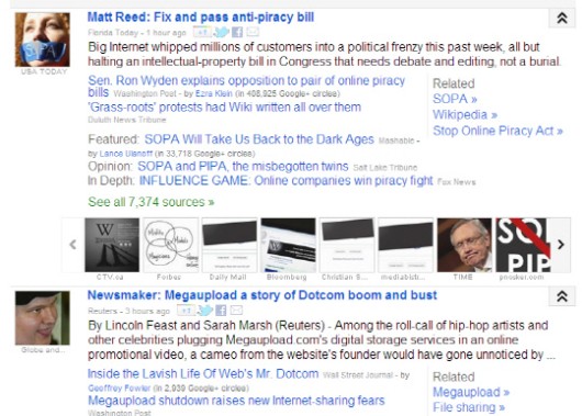 22일 미국 온라인 저작권 보호법안('SOPA 및 PIPA')과 메가업로드 폐쇄 조치에 대한 외신들의 보도가 집중적으로 나오고 있는 구글의 뉴스 페이지.