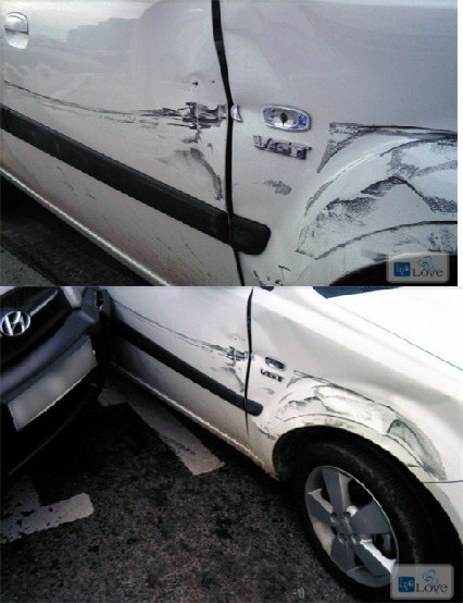 잘못된 접촉사고 사진 촬영 사례((출처: 클리앙 ‘제이아범’님 게시글 http://bit.ly/zyEfM1)