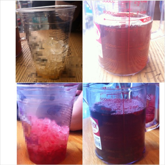 얼음을 뺀 후 음료량이 가장 많았던 ㅇ커피전문점(위)과 ㅋ커피전문점의 아이스티. 각각 320, 350ml(밀리리터)였다.