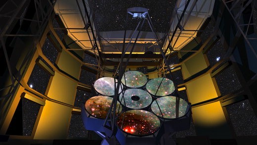한국천문연구원은 지난 2009년부터 미국, 호주의 주요 공동 개발 기관과 함께 거대 마젤란 망원경(GMT·Giant Magellan Telescope) 프로젝트를 진행하고 있다. 올해 초 국제 입찰 과정을 통해 제작사를 선정하는 과정에 돌입했으며 2020년께 망원경이 설치될 예정인 칠레의 라스 캄파나스 산 정상에는 현재 천문대 설치를 위한 평탄 작업이 완료된 상태다. 거대 마젤란 망원경의 모형도.