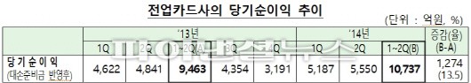 전업카드사 8곳 상반기 순익 1조 돌파