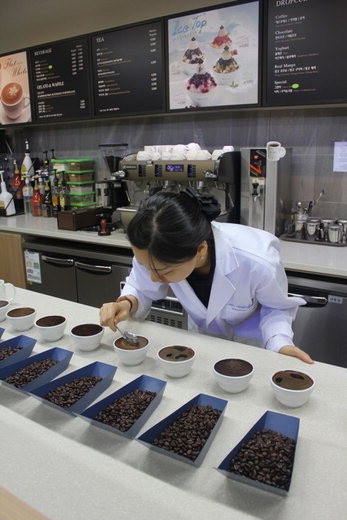 프랜차이즈 커피전문점 드롭탑의 연구개발(R&D)센터 연구원인 '큐그레이더'가 커피맛을 살펴보고 있다.