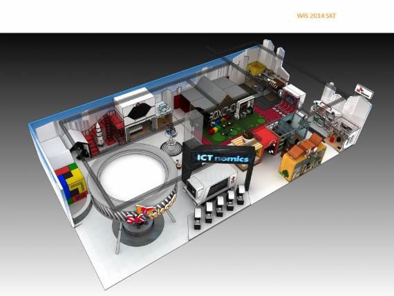 SK텔레콤은 이번 WIS 2014 전시회에서 'ICT노믹스의 원동력'이라는 콘셉트로 819㎡ 규모의 대형 전시관을 마련해 첨단 ICT 기술을 공개한다고 19일 밝혔다. WIS2014 SK텔레콤관 조감도.