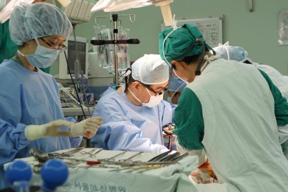 서울아산병원 장기이식센터 황신 소장 등 간이식팀 의료진들이 간이식 수술을 하고 있다.