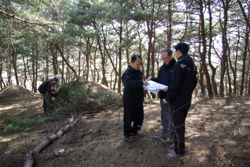 산림청 산림병해충과 조준규 사무관(가운데)과 포항시 산림녹지과 소나무재선충병 방제 태스크포스(TF) 금창석 팀장(오른쪽)이 경북 포항의 소나무재선충 방제 현장에서 방제계획을 협의하고 있다. 사진=윤경현 기자