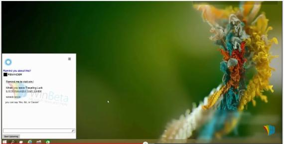 올 여름 출시될 윈도 10에서 음성비서 소프트웨어인 '코타나(Cortana)'가 실행된 모습이다. 컴퓨터 화면 왼쪽 하단에 대화창을 통해 이용자와 코타나가 출장일정을 공유하고 있다.(제공 : 마이크로소프트)