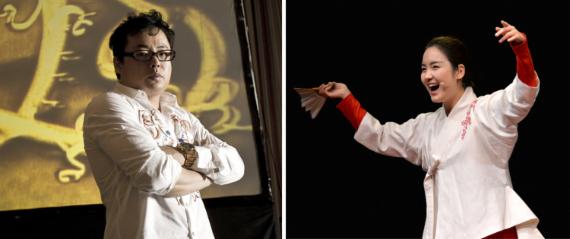 샌드 애니메이션 작가 박하준(왼쪽)과 판소리 단체 '판소리 만들기-자'
