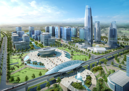 한국형 신도시 스타레이크 중앙을 지나는 메트로 역사와 주변 고층건물 조감도.