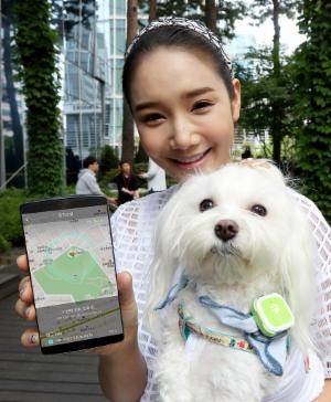 SK텔레콤 모델이 T펫을 착용한 애완견을 안고 이를 실시간 모니터링할 수 있는 앱을 가동해 시연해보고 있다.