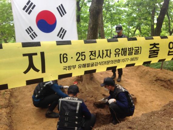 18일 강원도 평창 장미산 일대에서 국방부 유해발굴감식단이 유해를 발굴하고 있다. 사진= 안태호 수습기자