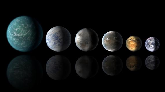 미국 항공우주국(NASA)은 백조자리에서 지구로부터 약 1400광년 떨어진 행성 '케플러-452b'를 발견했다고 23일 밝혔다. 이 행성은 특성과 환경이 지금까지 발견된 외계 행성들 중 지구와 가장 흡사하다. 사진은 지금까자 발견된 '거주 가능 구역' 행성들의 크기를 비교한 것으로 왼쪽부터 차례로 케플러-22b, 케플러-69c, 케플러-452b, 케플러-62f, 케플러-186f, 지구다. 출처: NASA 홈페이지