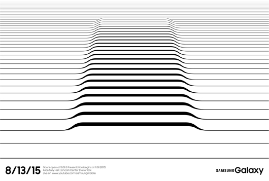 갤럭시노트5 언팩 초대장. 갤럭시노트5는 후면에 엣지를 적용할 것으로 알려지고 있는데, 28일 삼성전자가 전세계 미디어와 협력사들에게 발송한 초대장은 후면 엣지를 연상시키는 그래픽으로 디자인 됐다.