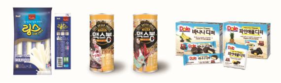 매일유업 상하치즈 링스와 CJ제일제당 맥스봉, 돌(Dole) 디퍼 시리즈(왼쪽부터)