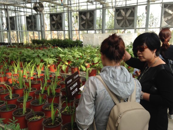 한국암웨이 조양희 전무(오른쪽)가 지난 23일 개소한 중국 우시 암웨이 식물연구센터에서 방문객들에게 연구중인 약초들에 대한 소개를 하고 있다. 사진=김경수 기자