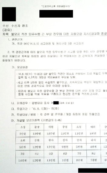 21사단 장병을 대상으로 자율모금을 지시한 공문. 8월 지뢰도발과 동일하게 계급별로 0.4%를 모금한다고 기록되어 있다.