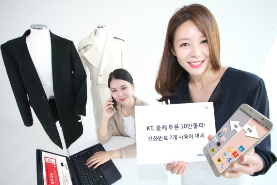 ▲KT 모델들이 하나의 휴대폰으로 복수의 전화번호를 이용할 수 있는 부가서비스 ‘올레 투폰’이 서비스 출시 4개월만에 가입자 10만을 돌파했다고 홍보하고 있다.
