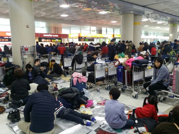 2016년 1월24일 폭설로 항공편 운항이 전면 중단되면서 제주공항 내에 승객들이 체류하고 있는 모습.