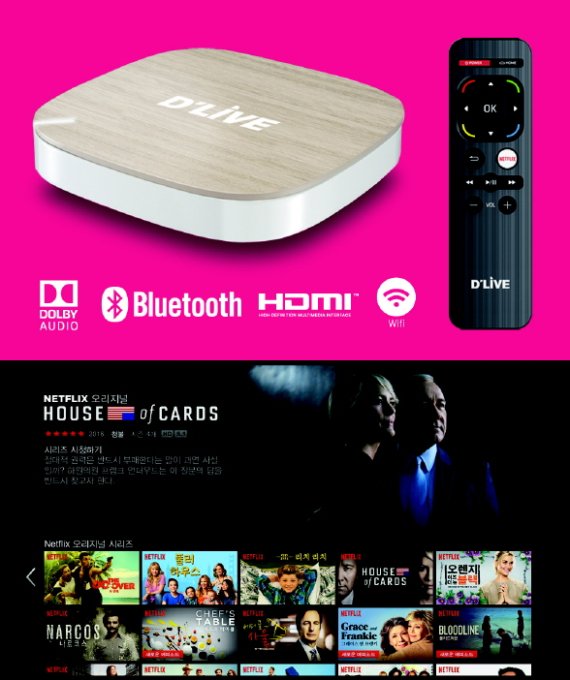 ▲넷플릭스 앱이 탑재된 전용 셋톱박스(위)와 넷플릭스 서비스 화면(아래)