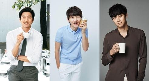 커피 광고모델 선호도 1위인 '카누'의 공유,2위인 '맥심' 송중기, 3위인 '루카스나인' 강동원(왼쪽부터)