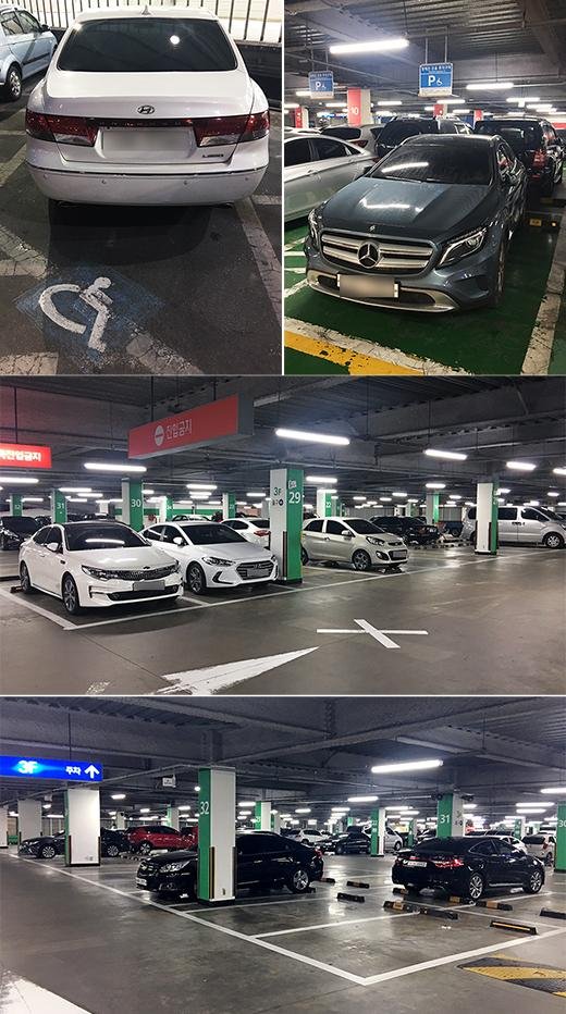 같은 날 저녁, 서울 노원구에 위치한 A마트에 불법주차된 차량과, B마트에 불법주차된 차량(왼쪽 위부터). 같은 시간 B마트의 한산한 주차장 풍경./조재형 기자
