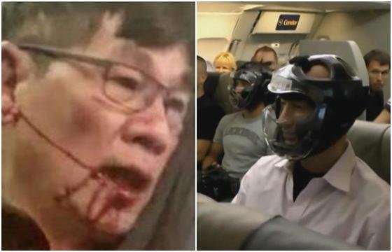 지난 10일(현지 시간) 시카고 오헤어 국제공항에서 유나이티드 항공 승무원들이 부른 보안요원과 대치에 부상을 입은 베트남계 미국인 의사(왼쪽)와 항공사의 폭력 대응을 비판하는 승객들의 퍼포먼스./사진=SNS