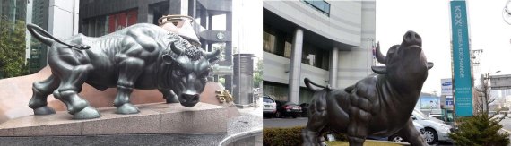 서울 여의도 금융투자협회에 위치한 황소동상(왼쪽)과 지난 2014년까지 한국거래소 부산 본사에 설치돼 있던 황소동상. 이들 황소동상은 같은 작가가 만든 '형제'다.
