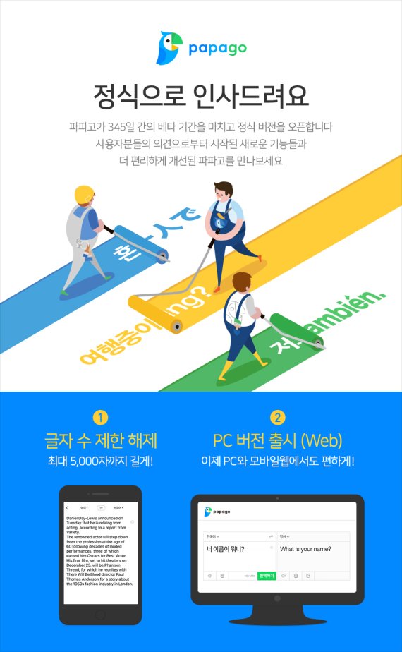 네이버, 통번역 앱 파파고 정식 서비스… 하반기 베트남·태국 등 4개 언어 추가