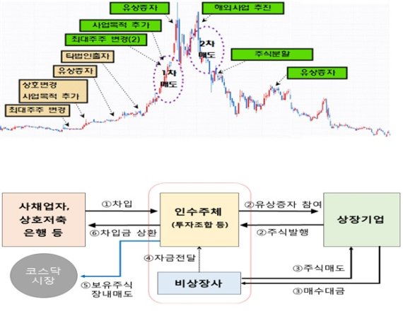 대표적인 부정거래 발생 기업의 주가흐름(위, 특정 기업과 무관), 기획형 불공정거래 구조 예시 /사진=fnDB