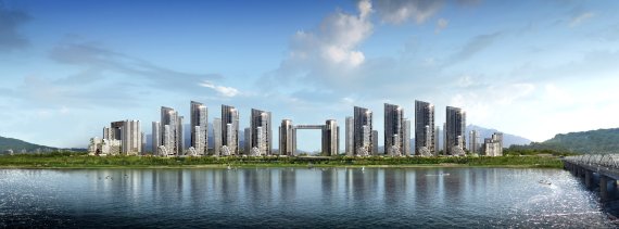 서울 반포동 반포주공1단지 1·2·4주구 재건축 시공사 선정이 이달 말 예정된 가운데 GS건설과 현대건설의 경쟁이 치열하게 진행되고 있다. GS건설(위쪽사진)과 현대건설이 제시한 반포주공1단지 조감도.