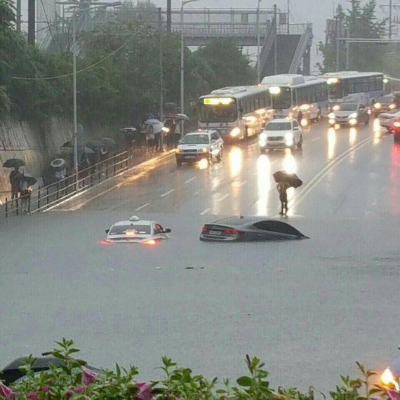 부산 동래구에 집중 호우가 쏟아져 침수된 도로와 차량의 모습/사진=독자 제공