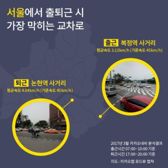카카오가 기업 브랜드 채널 '무브 앤 카카오'를 통해 공개한 서울 출퇴근시 가장 혼잡한 교차로 정보