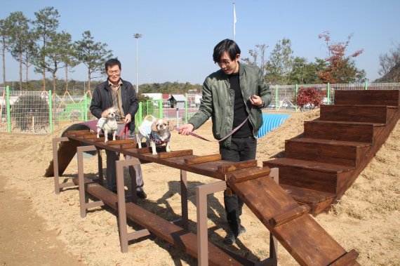 진주휴게소를 찾은 고객이 애견파크 '폴짝'에서 반려견과 함께 즐거운 시간을 보내고 있다.