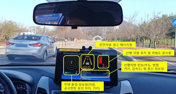 사진은 경기도 과천시 일반도로에서 LG전자가 자체 개발한 V2X 안전기술 중 하나인 '선행차량 급제동 경고'를 시연하고 있다.