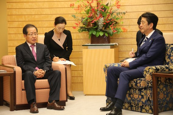 홍준표 자유한국당 대표(왼쪽)와 아베 신조 일본 총리가 지난 14일 일본 총리관저에서 회동하면서 의견을 나누고 있다.