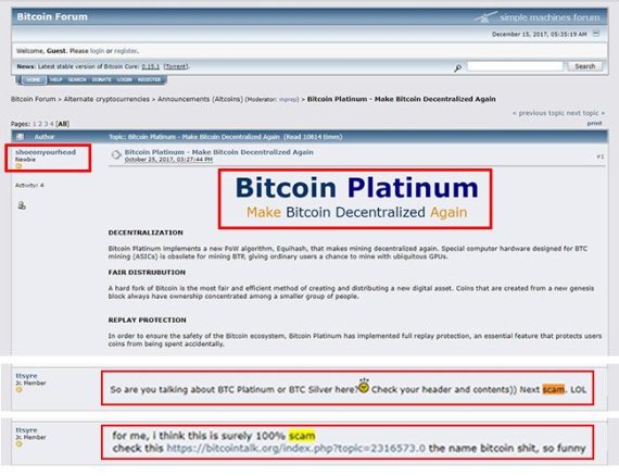 ▲ 10월 25일 가상화폐에 관심있는 전 세계 네티즌이 모인 'Bitcoin Forum' 웹사이트에 소개된 비트코인 플래티넘. 하지만 이곳에서 비트코인 플래티넘은 싸늘한 반응을 받았다.