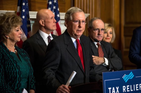 US Republican Senate Majority Leader from Kentucky Mitch McConnell (C), along with Republican Senator from Idaho James Risch (2-R), push for tax reform during a press conference in the US Capitol in Washington, DC, USA, 28 November 2017. According to the non-partisan Congressional Budget Office the 