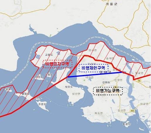 유엔사 규정이 개정되어 올해부터 강화북단 민통선 내 비행금지구역(NFL)에서도 농업용 드론을 사용한 농약살포가 가능해졌다. 사진은 강화도 북단 민통선 내 드론 등 비행금지구역 지정도.