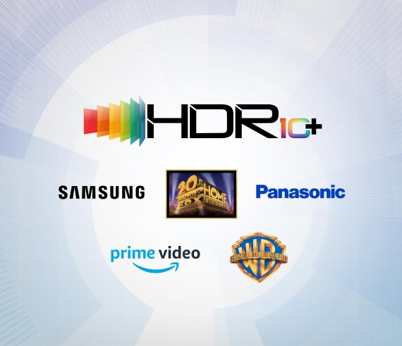 HDR10+ 인증 로고와 HDR10+ 진영에 합류한 5개 회사의 로고 - 삼성전자, 파나소닉, 20세기폭스, 아마존(프라임 비디오), 워너브라더스