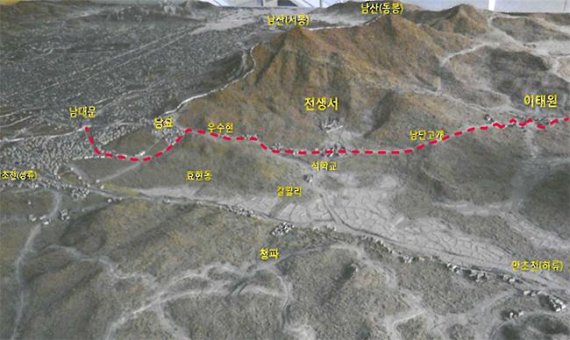 ▲ 한양도성에서 영남지방으로 가는 옛 길목에 위치한 이태원. 빨간 점선은 추정 경로./출처=서울시립대학교 소장