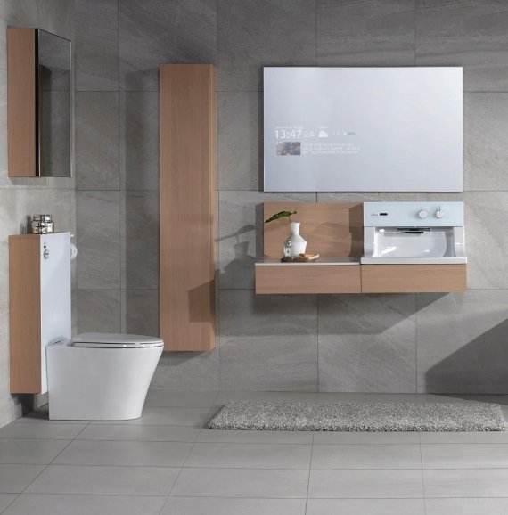 로얄앤컴퍼니가 내놓은 사물인터넷(IoT)이 적용된 욕실 시스템 '스마트 어반패키지'. 패키지는 샤워기, 세면대, 양변기 등 세 파트로 구성된 패키지는 원터치버튼, 스마트 거울 등 다양한 IoT 시스템을 갖췄다.