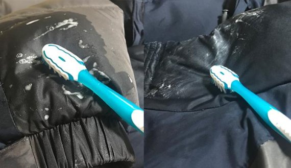 본격 손빨래를 시작하기전 칫솔에 중성세제를 묻혀 오염이 심한 소매, 목둘레를 집중적으로 문질러 주었다. /사진=용환오 기자