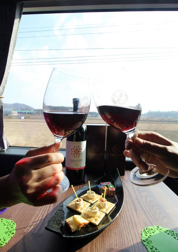 영동 국악와인열차에서 여행객들이 와인을 마시고 있다.