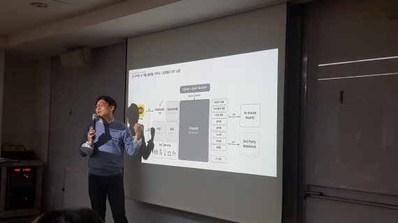 카카오 카톡비즈플랫폼팀 정의정 팀장이 8일 서울 카카오 한남오피스에서 열린 AI 미디어 스터디 행사에서 '카카오I 오픈빌더'를 소개하고 있다.<div id='ad_body2' class='ad_center'></div>
